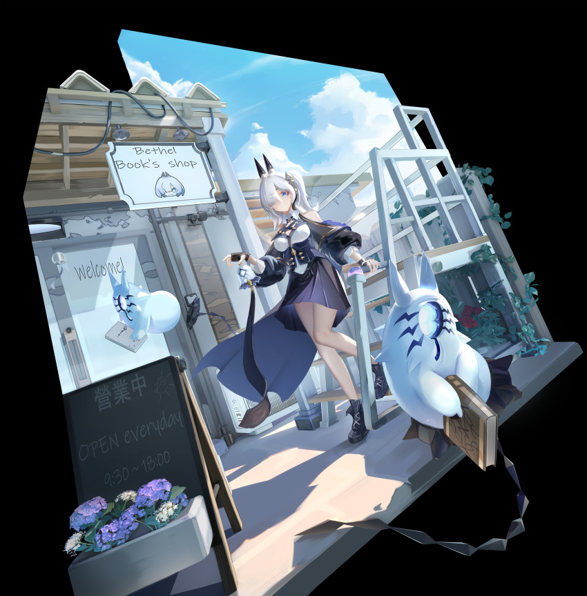 1girl, absurdres, against_railing, alchemy_stars, bell, bethel_(alchemy_stars), black_footwear, black_gloves