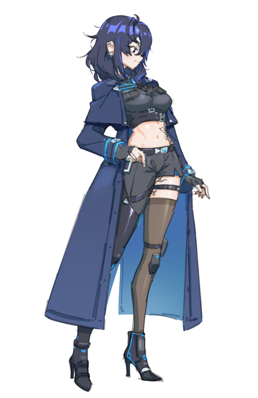 1girl, absurdres, ayase_yuu, black_footwear, black_gloves, black_hair, black_thighhighs, blue_coat