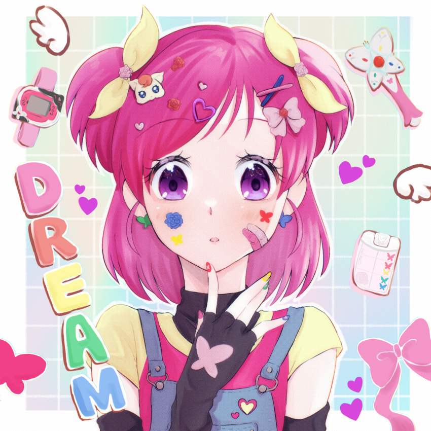 1girl, bandaid, bandaid_on_face, black_gloves, bow, bug, butterfly, casual