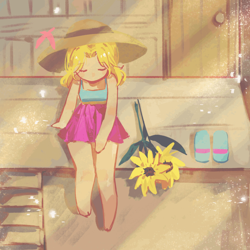 1girl, bare_arms, bare_legs, bare_shoulders, barefoot, blue_tank_top, brown_hat, chinese_commentary