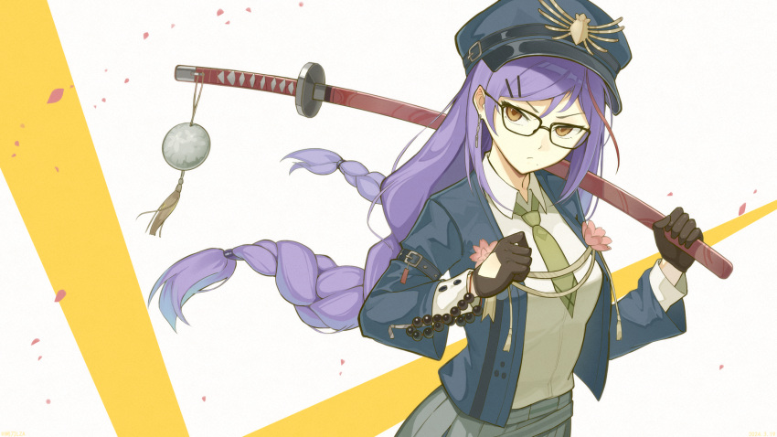 1girl, akafuyu_(arknights), akafuyu_(temperament)_(arknights), arknights, bespectacled, blue_hat, blue_jacket, braid, clenched_hand, collared_shirt, commentary, cowboy_shot, frown, glasses, green_necktie, grey_skirt, hair_ornament, hairclip, hat, head_tilt, highres, holding, holding_sword, holding_weapon, jacket, looking_at_viewer, military_hat, necktie, official_alternate_costume, petals, purple_hair, sheath, sheathed, shirt, simple_background, skirt, solo, sword, twin_braids, twintails, weapon, white_background, white_shirt, zhadao_lza