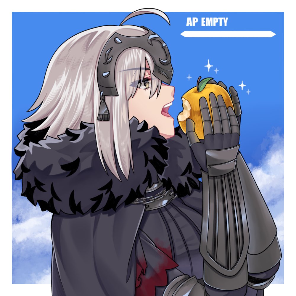 1girl, ahoge, akio_(akio1124), apple, black_cape, cape, chain, clouds, commentary_request, fate/grand_order, fate_(series), food, from_side, fruit, fur-trimmed_cape, fur_trim, gameplay_mechanics, headpiece, holding, holding_food, holding_fruit, jeanne_d'arc_alter_(fate), open_mouth, sky, solo, vambraces, white_hair, yellow_eyes
