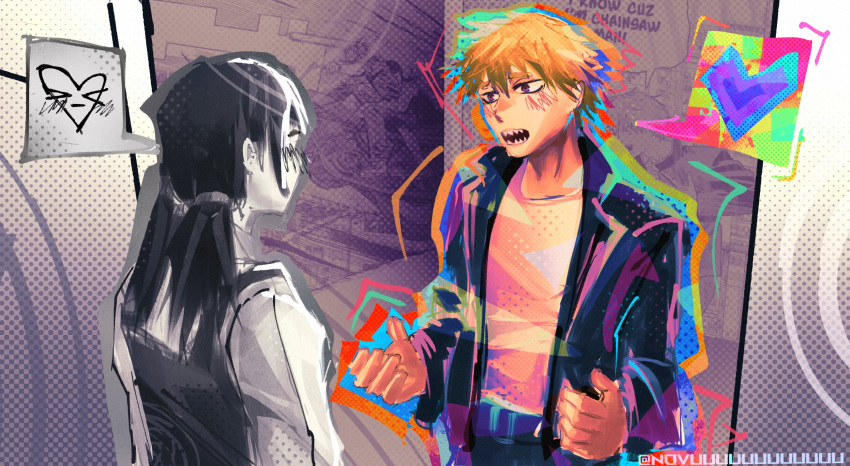 1boy, 1girl, black_hair, blonde_hair, blush, chainsaw_man, denji_(chainsaw_man), doorway, dress, fourth_east_high_school_uniform, halftone, heart, hetero, highres, jacket, leather, leather_jacket, long_sleeves, low_twintails, mitaka_asa, novuuuuuuuuuuuu, open_mouth, pinafore_dress, school_uniform, sharp_teeth, sleeveless, sleeveless_dress, spoken_heart, take_on_me_(a-ha), teeth, twintails