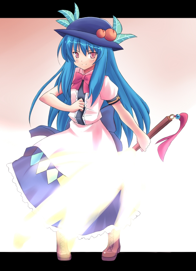 food, fruit, hat, hinanawi_tenshi, long_skirt, peach, puranaria, red_eyes, skirt, sword, sword_of_hisou, touhou, weapon