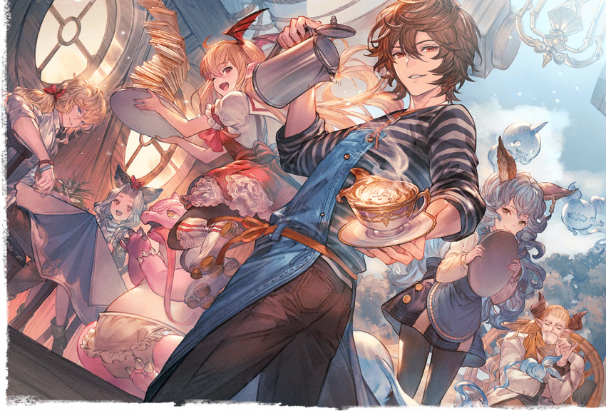 1boy, 3boys, 3girls, absurdly_long_hair, ahoge, animal_ears, apron, bishounen