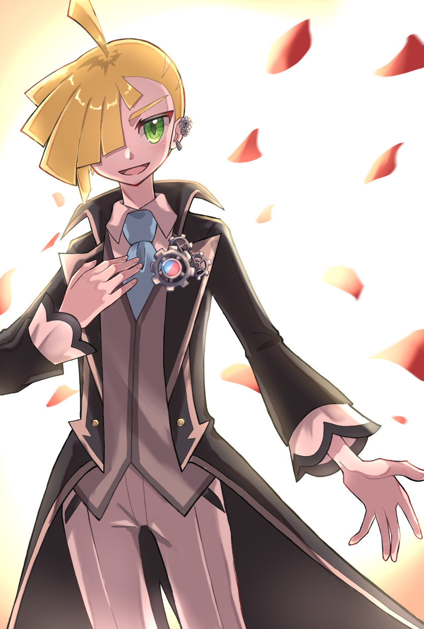 1boy, absurdres, ahoge, blonde_hair, cowboy_shot, dutch_angle, ear_piercing, gladion_(pokemon)