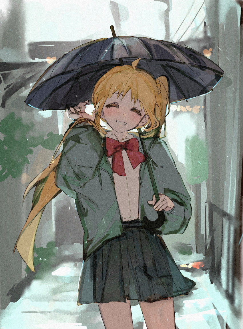 1girl, absurdres, ahegao, asymmetrical_hair, black_umbrella, blonde_hair, blurry, blurry_background