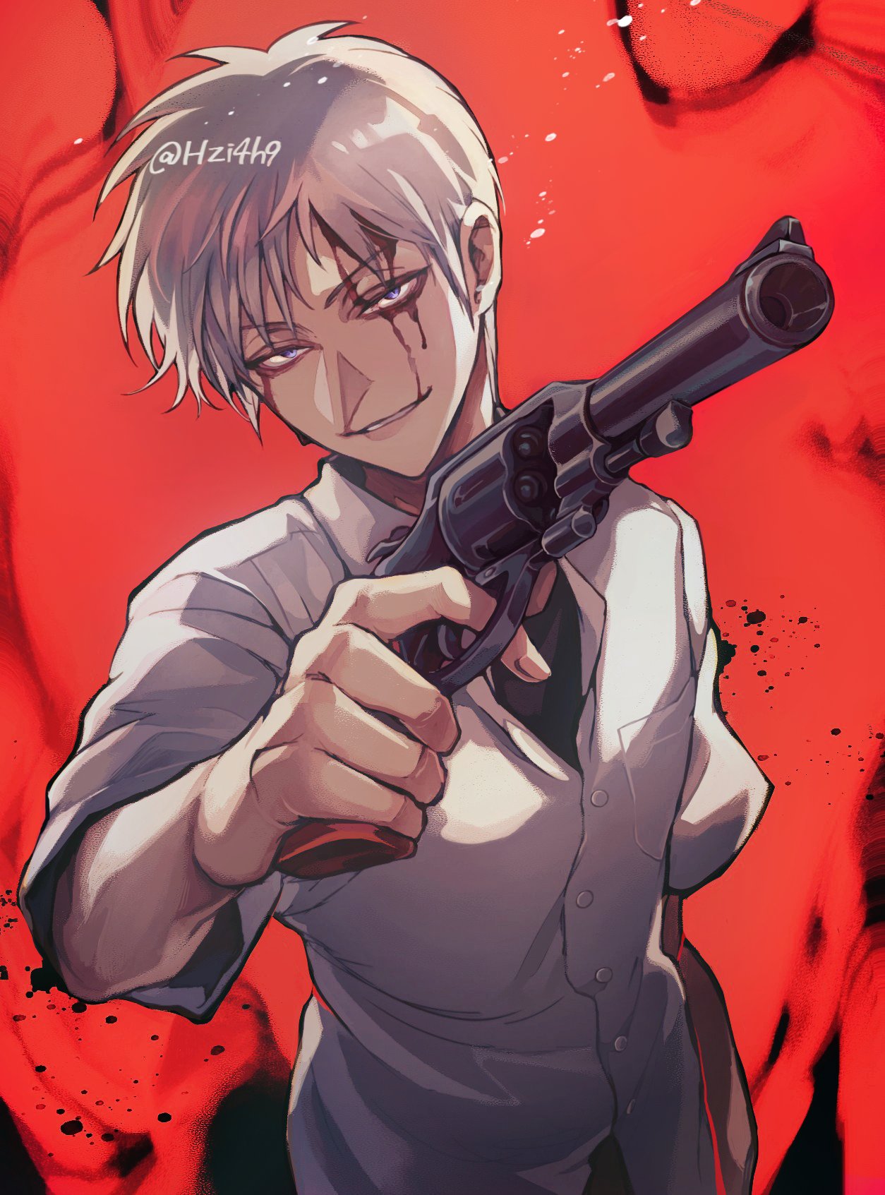1boy, aiming, aiming_at_viewer, akagi:_yami_ni_oritatta_tensai, akagi_shigeru, blood, blood_on_face, evil_grin, evil_smile, finger_on_trigger, fukumoto_mahjong, grin, gun, highres, hzi4h9, looking_at_viewer, male_focus, pointy_nose, red_background, revolver, shirt, signature, smile, twitter_username, violet_eyes, weapon, white_hair, white_shirt