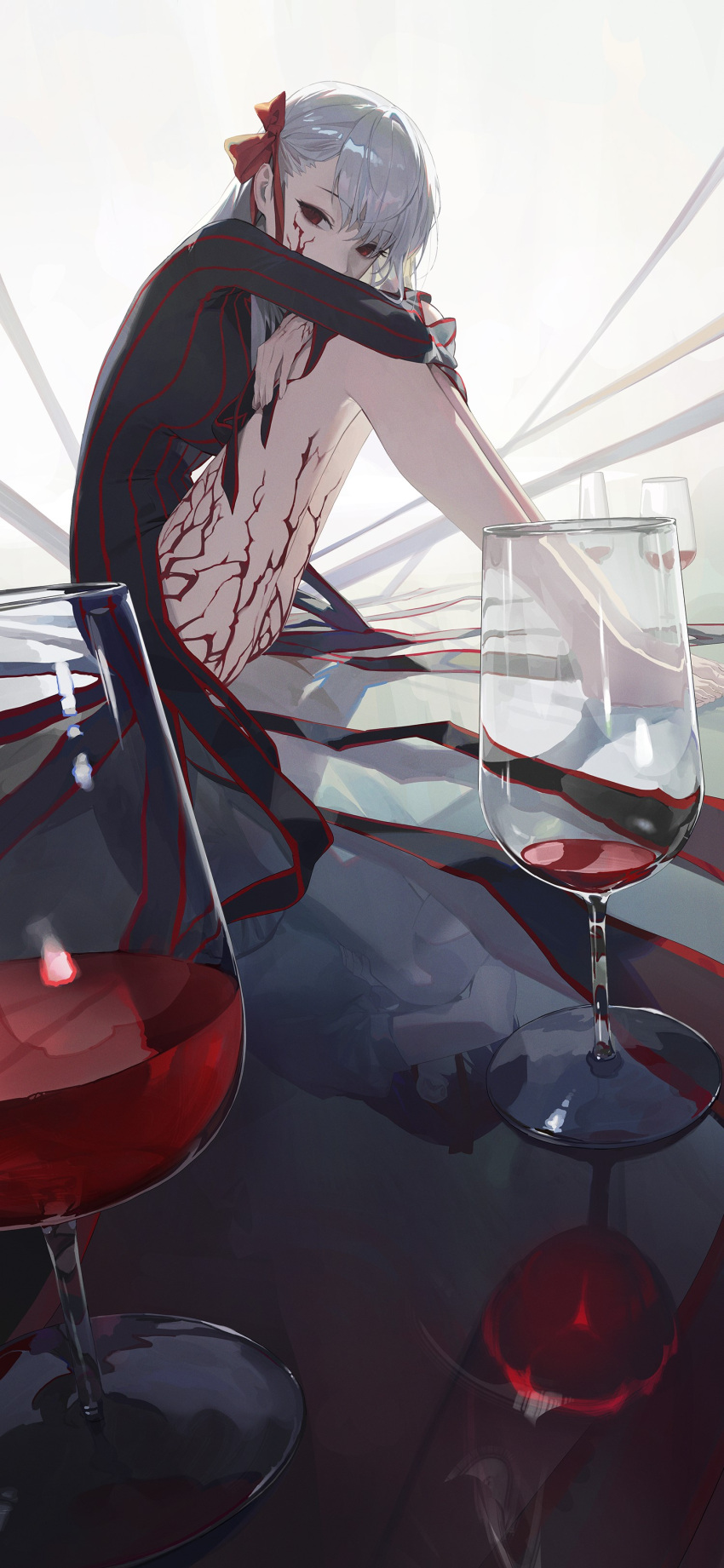 absurdres, aged_down, child, corruption, crest_worm, dark_persona, dark_sakura, fate/stay_night, fate_(series), hair_ribbon, highres, homurahara_academy_school_uniform, indian_clothes, long_hair, matou_sakura, multiple_girls, non-web_source, purple_hair, red_ribbon, ribbon, school_uniform, siblings, sisters, uncle_and_niece, violet_eyes