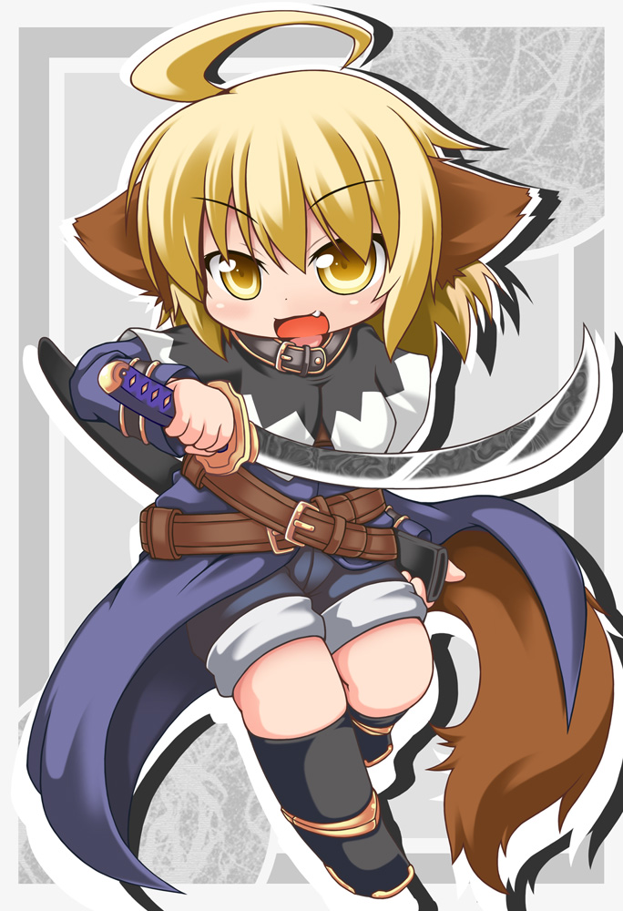 ahoge, animal_ears, belt, blonde_hair, capelet, chibi, dog_ears, dog_tail