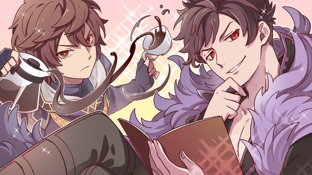 2boys, artist_request, belial_(granblue_fantasy), bishounen, book, brown_hair, coffee, coffee_cup