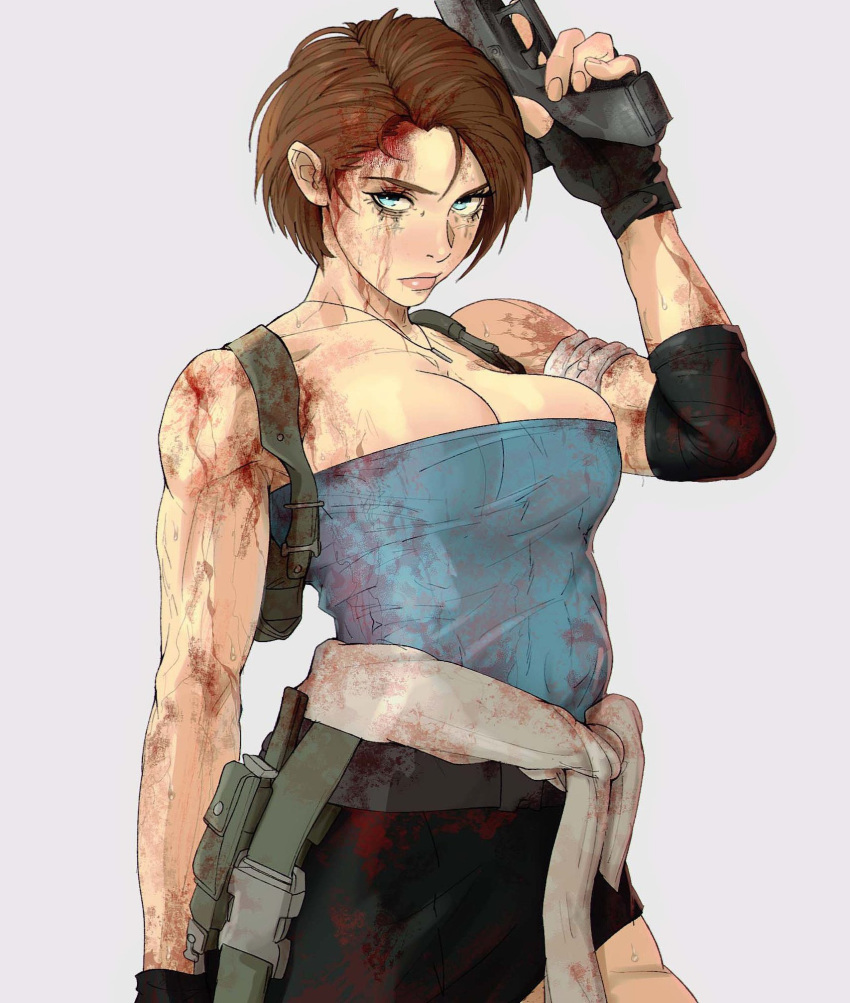 1girl, bare_shoulders, blood, blood_on_face, blue_eyes, breasts, brown_hair, cleavage, gun, highres, holding, holding_gun, holding_weapon, jill_valentine, large_breasts, looking_at_viewer, muscular, muscular_female, resident_evil, short_hair, skirt, standing, straight_hair, weapon, yoracrab