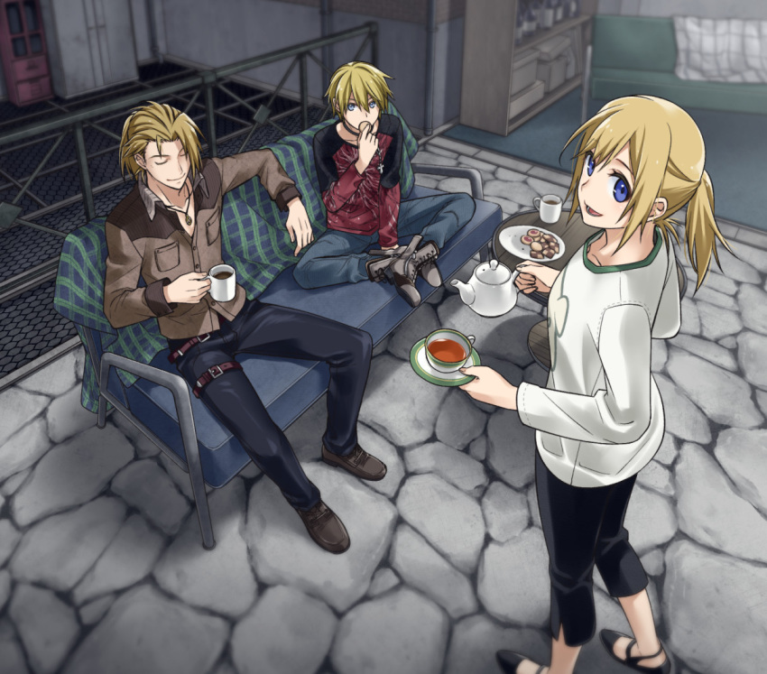 1girl, 2boys, black_pants, blonde_hair, blue_eyes, botamochi_usagi, closed_eyes, coffee, commentary_request, cookie, couch, cup, denim, eating, end_of_eternity, food, from_above, full_body, holding, holding_cup, holding_teapot, indoors, jeans, knees_apart_feet_together, long_hair, looking_at_another, looking_at_viewer, multiple_boys, pants, ponytail, reanbell, shirt, short_hair, sitting, smile, standing, stone_floor, table, tea, teapot, thigh_strap, vashyron, white_shirt, zephyr_(end_of_eternity)