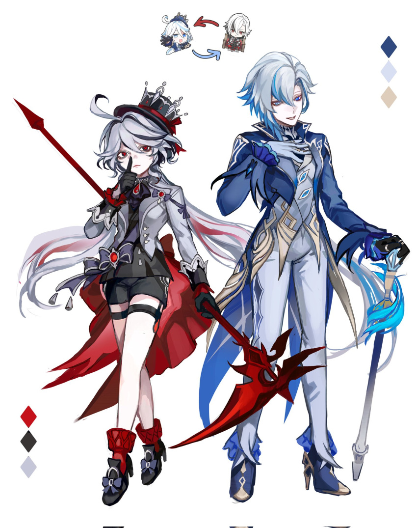 2girls, ahoge, arlecchino_(genshin_impact), arrow_(symbol), bare_legs, black_footwear, black_gloves, black_hair