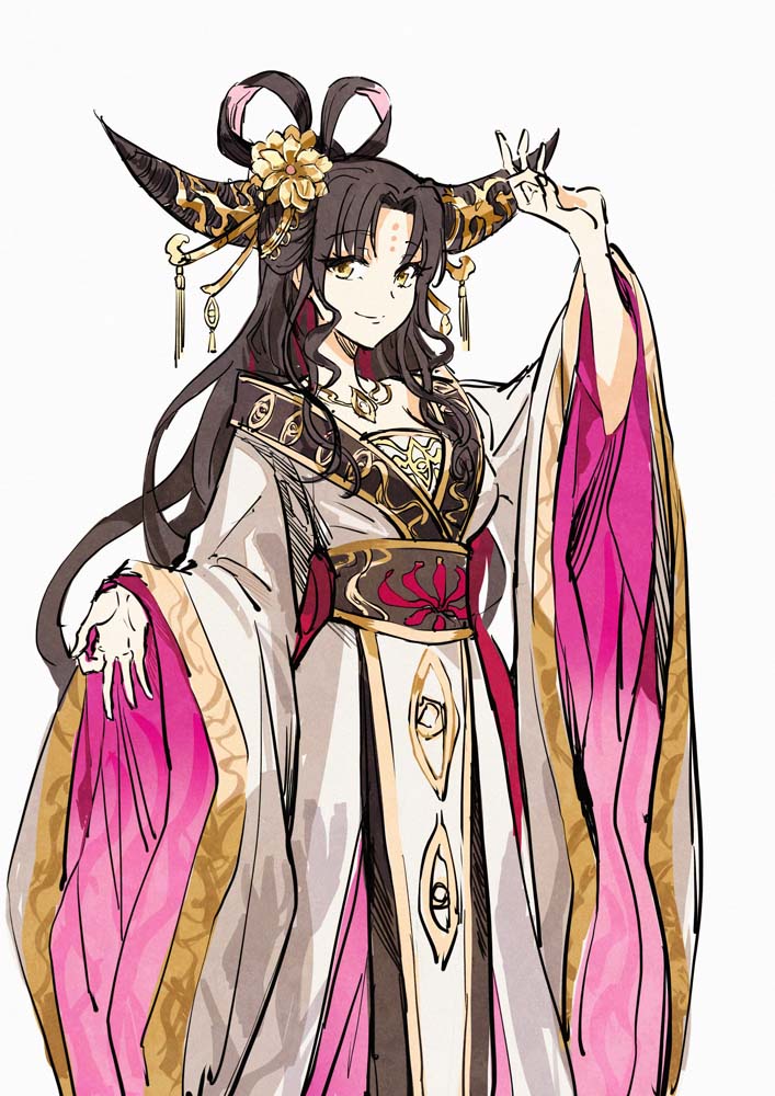 1girl, black_hair, black_horns, black_sash, breasts, chinese_clothes, chinese_commentary, closed_mouth, commentary_request, fate/extra, fate/extra_ccc, fate/grand_order, fate_(series), feet_out_of_frame, flower, forehead_tattoo, gold_tassel, gold_trim, hair_flower, hair_ornament, hair_rings, hand_up, hanfu, horn_ornament, horns, large_horns, long_hair, long_sleeves, looking_at_viewer, medium_breasts, mudra, multicolored_hair, obi, parted_bangs, pink_hair, sash, sessyoin_kiara, sidelocks, simple_background, smile, solo, streaked_hair, tassel, vitarka_mudra, white_background, white_hanfu, wide_sleeves, yellow_eyes, yellow_flower, zerocastle