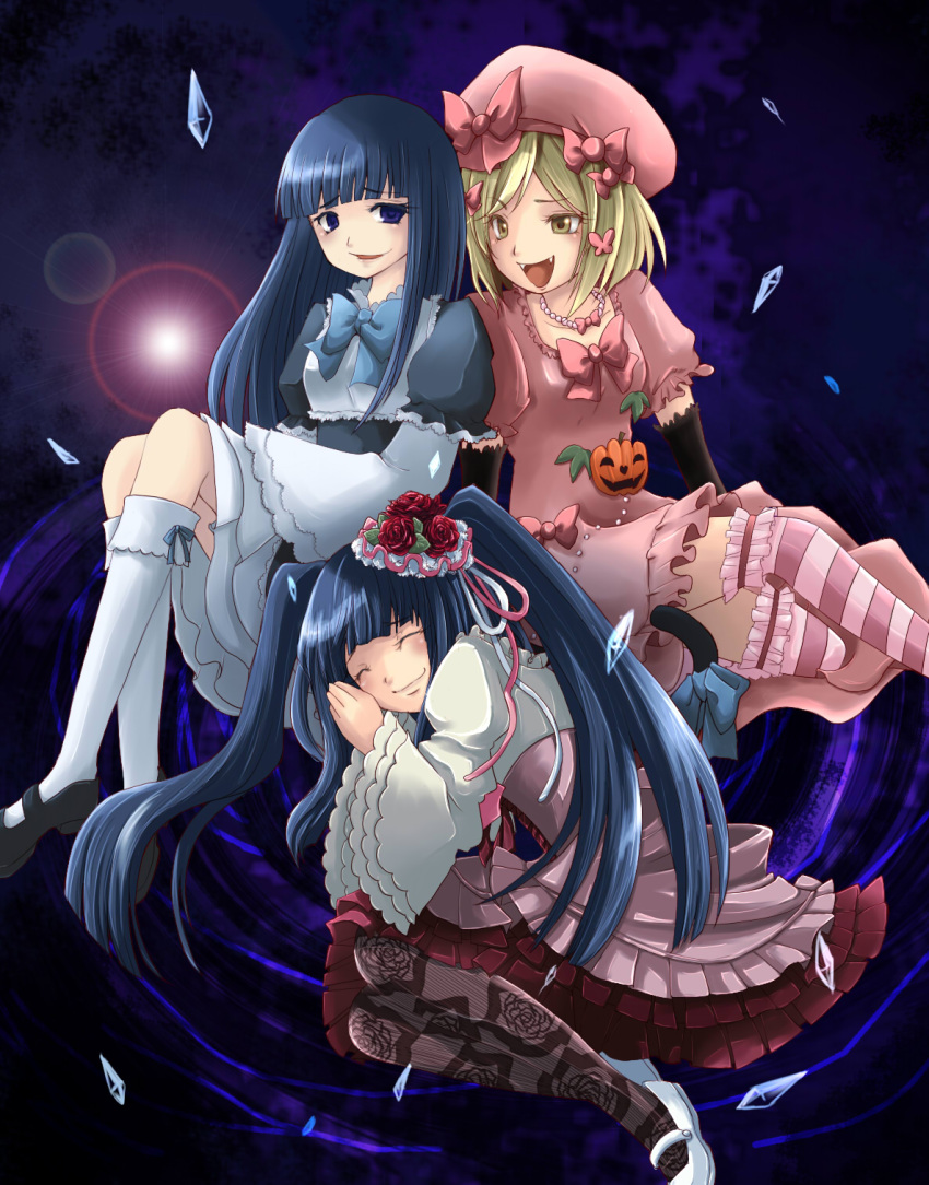blonde_hair, blue_eyes, blue_hair, bow, cat_tail, closed_eyes, crystal, dress, fang, flower, frederica_bernkastel, furudo_erika, hair_bow, hair_flower, hair_ornament, hairclip, hat, highres, jewelry, lambdadelta, long_hair, multiple_girls, necklace, pantyhose, red_rose, riko_(runrunrabbit), rose, short_hair, sleeping, smile, striped, striped_legwear, striped_thighhighs, tail, thigh-highs, thighhighs, twintails, umineko_no_naku_koro_ni, yellow_eyes