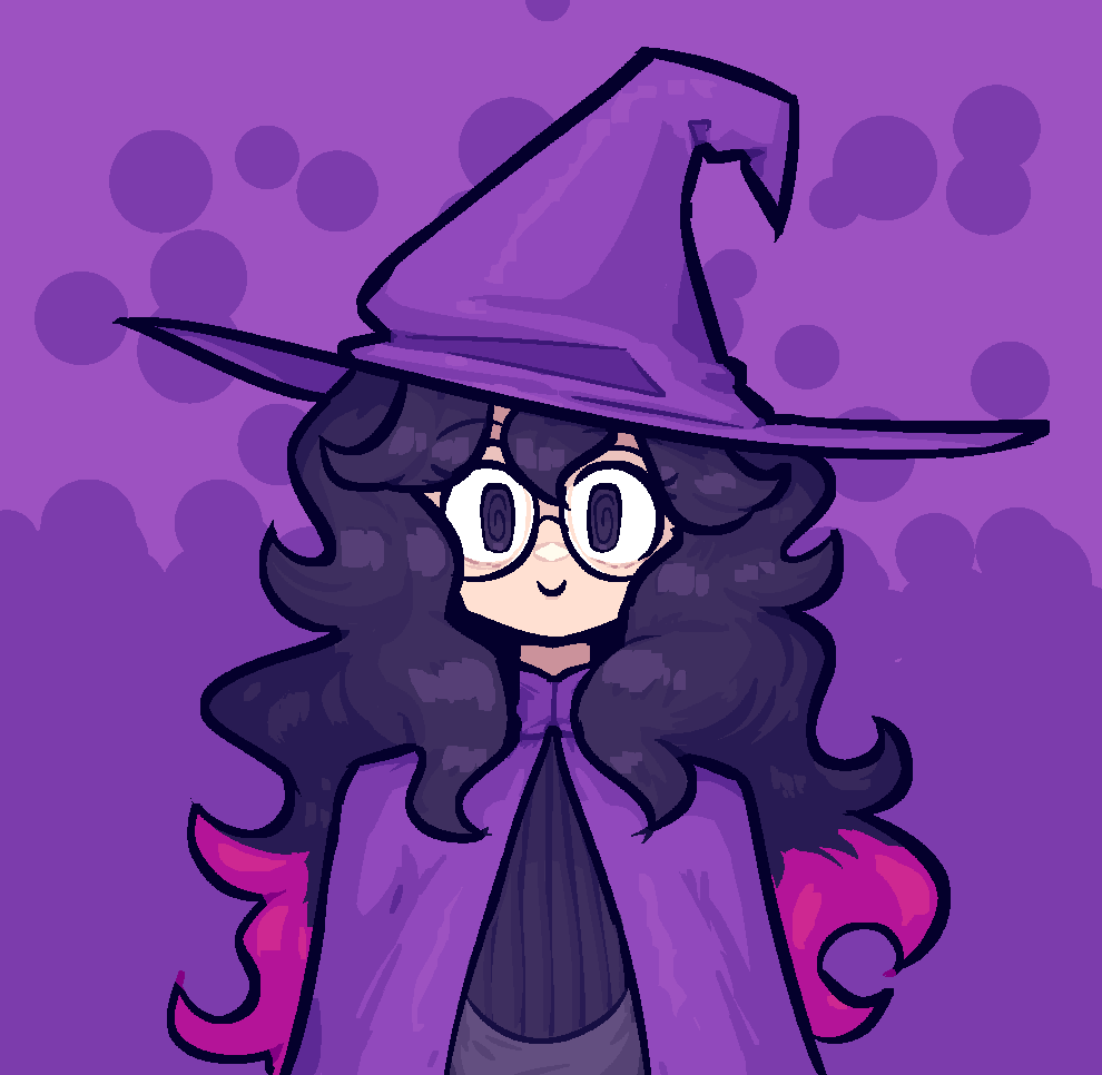 1girl, @_@, black_hair, cape, commentary, cosplay, english_commentary, glasses, hair_between_eyes, hat, hex_maniac_(pokemon), hex_maniac_(pokemon_rse), hex_maniac_(pokemon_rse)_(cosplay), long_hair, multicolored_hair, pink_hair, pokemon, pokemon_xy, purpienamako, purple_background, purple_cape, purple_hat, round_eyewear, smile, solo, two-tone_background, two-tone_hair, violet_eyes, witch_hat
