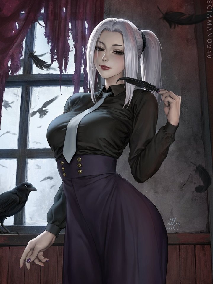 1girl, black_feathers, crow, feathers, jujutsu_kaisen, mei_mei_(jujutsu_kaisen), sciamano240, solo