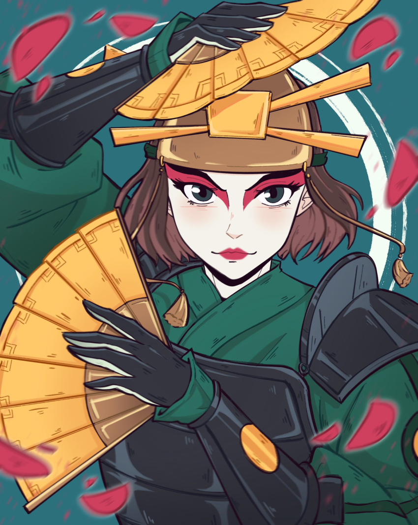 1girl, aqua_background, avatar:_the_last_airbender, avatar_legends, black_gloves, brown_hair, closed_mouth, commentary, dual_wielding, eyelashes, facepaint, falling_petals, folding_fan, gloves, green_eyes, hand_fan, highres, holding, holding_fan, looking_at_viewer, medium_hair, petals, pichichustudio, red_lips, simple_background, smile, solo, suki