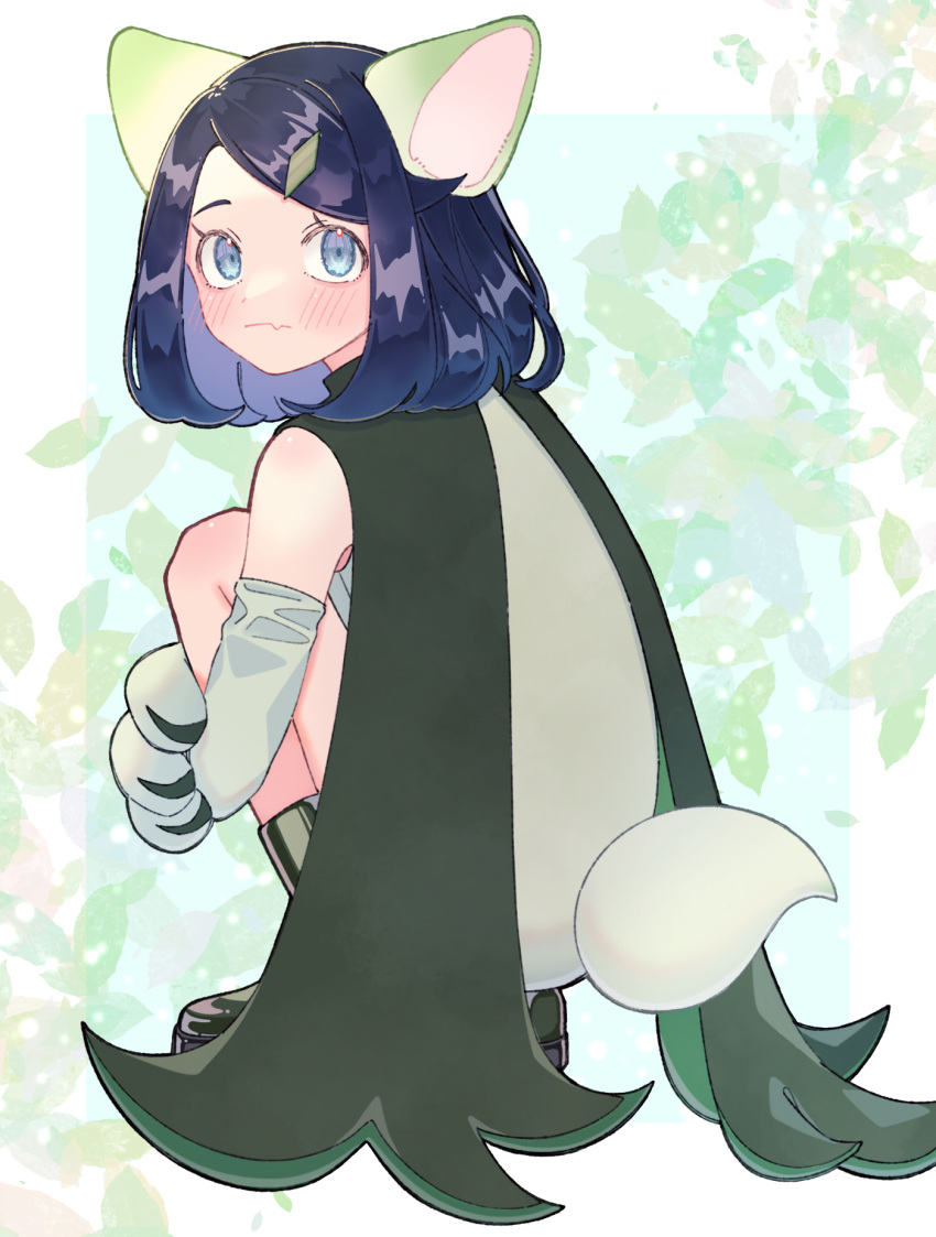 1girl, black_hair, blue_eyes, blush, boots, closed_mouth, cosplay, elbow_gloves
