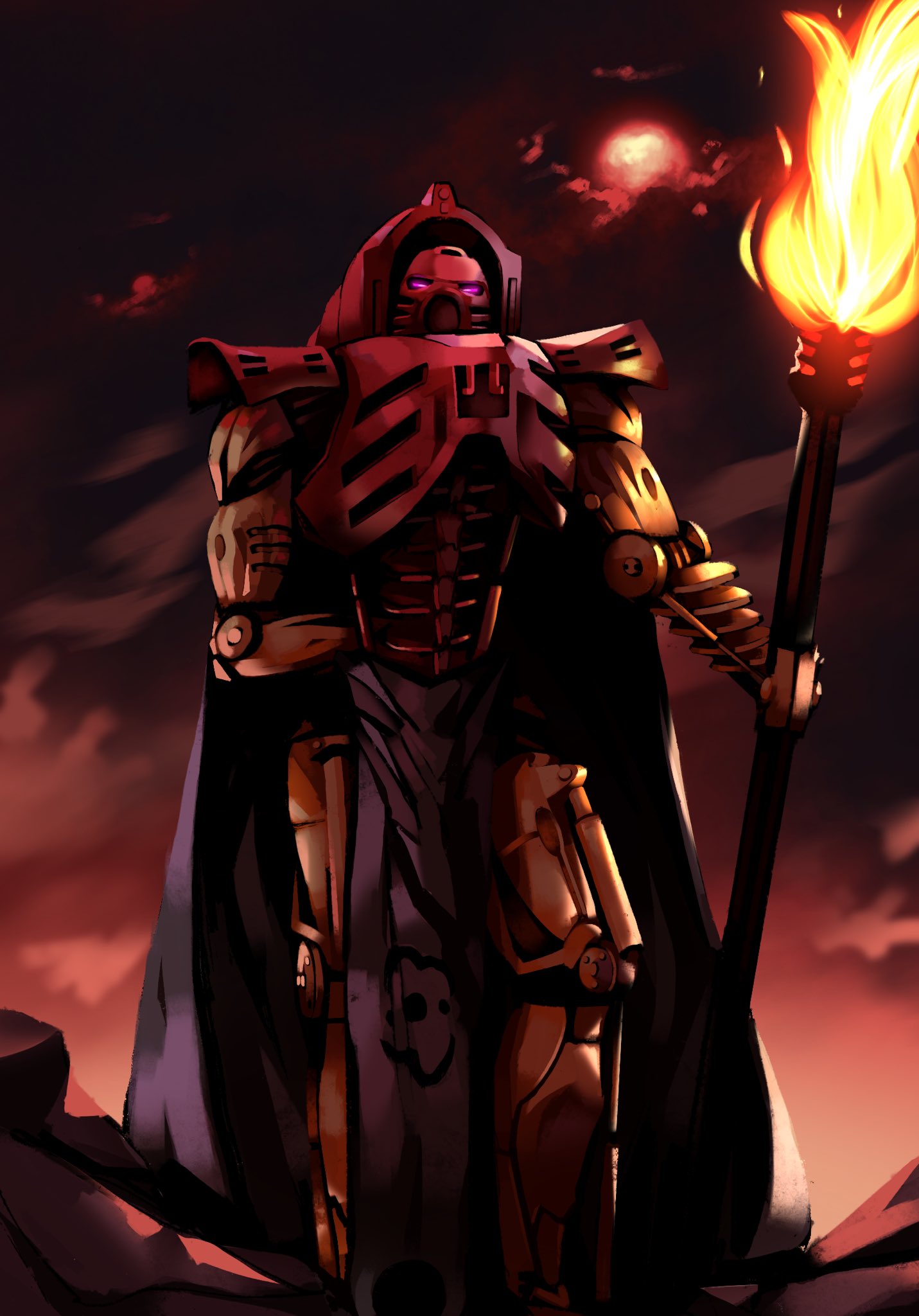 arm_behind_back, bionicle, black_cape, cape, clouds, cloudy_sky, commission, english_commentary, fire, fusion, glowing, glowing_eyes, head_tilt, highres, holding, holding_staff, humanoid_robot, kanohi_(bionicle), moon, prog_ares, robot, sky, solo, staff, tahu_(bionicle), the_lego_group, trazyn_the_infinite, violet_eyes, warhammer_40k