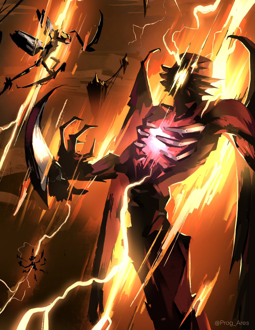 antroz_(bionicle), arm_blade, bionicle, bitil_(bionicle), electrocution, floating_island, flying, gorast_(bionicle), highres, lightning, looking_up, open_hand, orange_eyes, prog_ares, ribs, scene_reference, the_lego_group, thrusters, twitter_username, weapon, wings