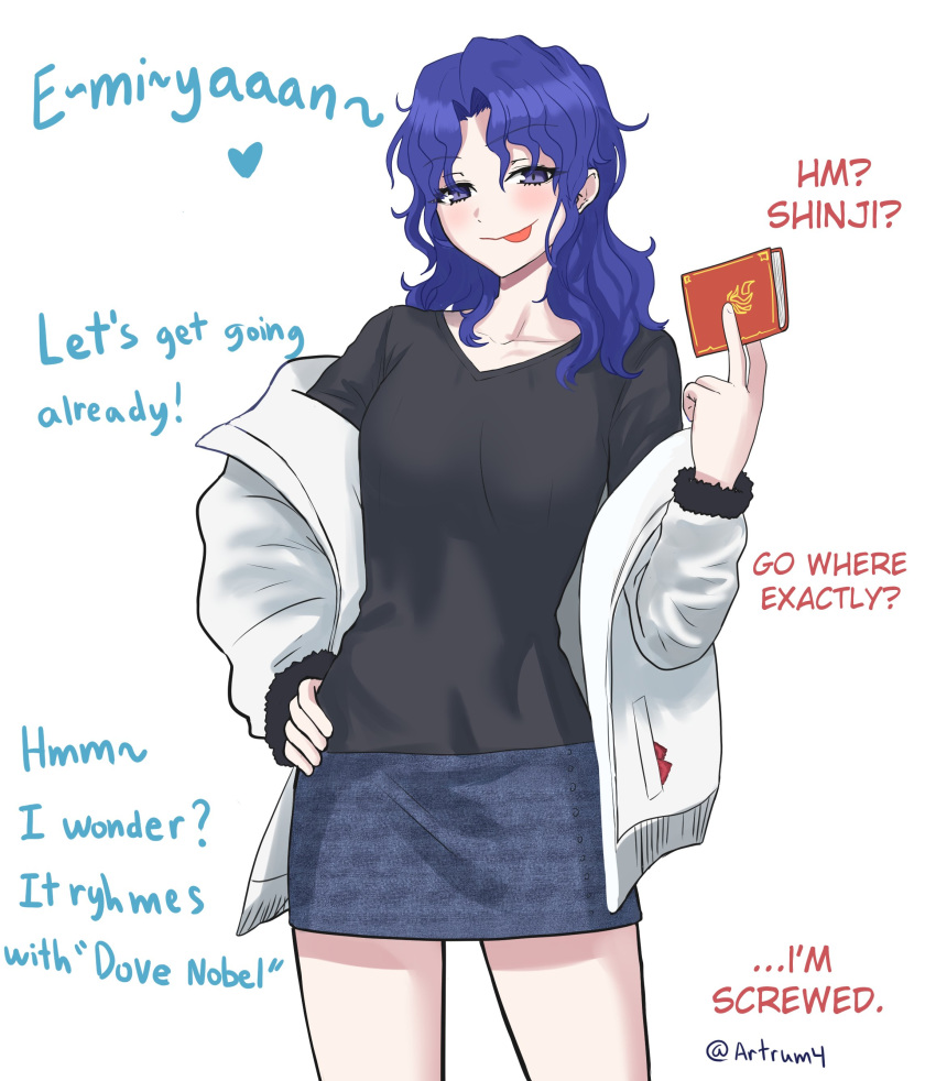 1girl, absurdres, artrum4, black_shirt, blue_eyes, blue_hair, blue_skirt, commentary, emiya_shirou, english_commentary, english_text, fate/stay_night, fate_(series), fur-trimmed_jacket, fur-trimmed_sleeves, fur_trim, genderswap, genderswap_(mtf), hand_on_own_hip, highres, holding, jacket, long_hair, long_sleeves, looking_at_viewer, matou_shinji, off_shoulder, out_of_frame, parted_bangs, pocket, shirt, simple_background, skirt, tongue, tongue_out, twitter_username, wavy_hair, white_background, white_jacket