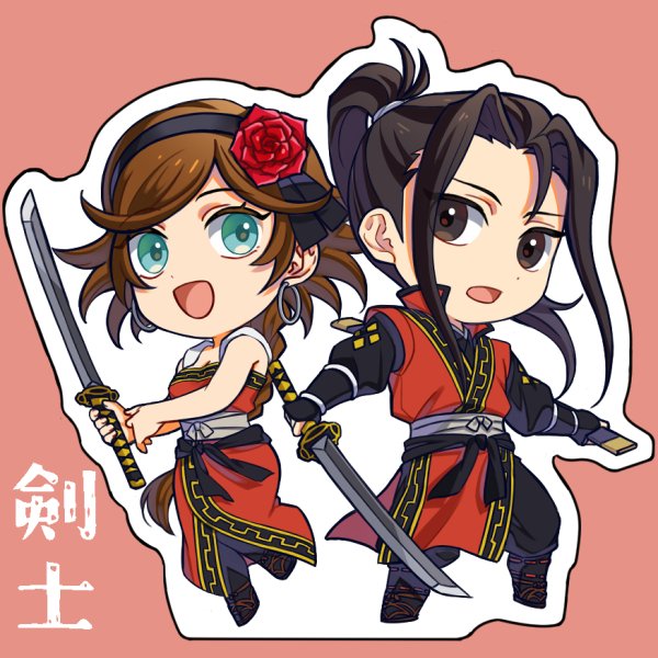 1boy, 1girl, agnea_bristarni, aqua_eyes, black_eyes, black_hair, black_hairband, brown_hair