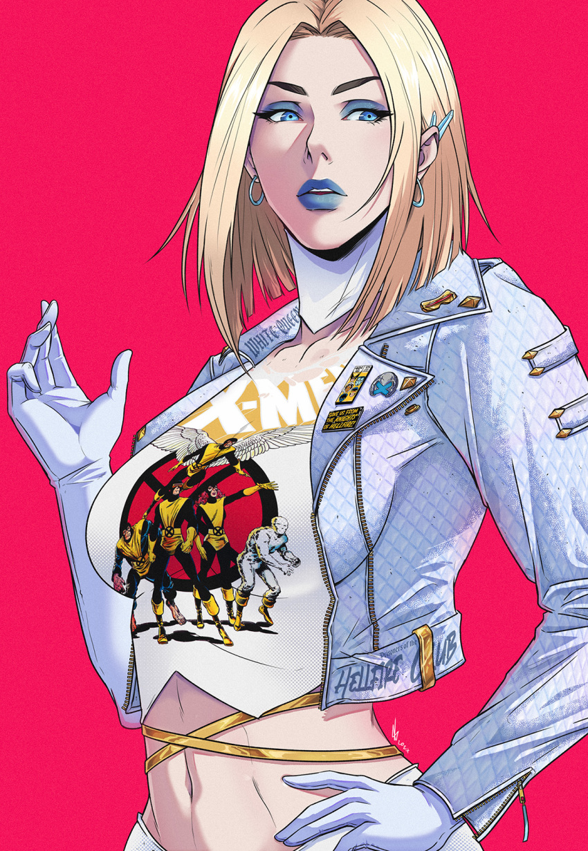 1girl, angel_(x-men), animification, blonde_hair, blue_eyes, blue_lips, breasts, cyclops_(x-men), emma_frost, highres, jean_grey, jhony_caballero, lipstick, makeup, marvel, navel, short_hair, superhero_costume, x-men