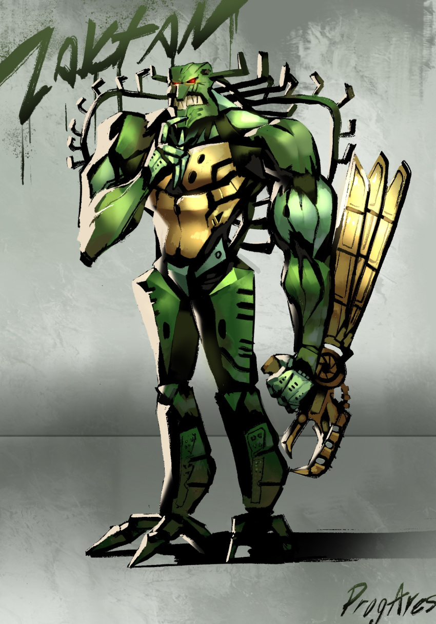 1boy, artist_name, bionicle, character_name, claw_(weapon), full_body, glowing, glowing_eyes, highres, holding, holding_weapon, looking_at_viewer, male_focus, prog_ares, red_eyes, shadow, sharp_teeth, solo, standing, teeth, the_lego_group, thinking, weapon, zaktan_(bionicle)