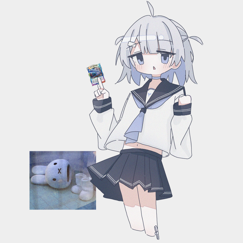 1girl, absurdres, ahoge, bandaid, bandaid_on_leg, black_skirt, blue_neckerchief, blunt_bangs