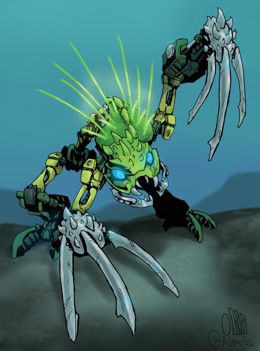 absurdres, artist_name, barraki_(bionicle), bionicle, blue_eyes, claws, ehlek_(bionicle), english_commentary