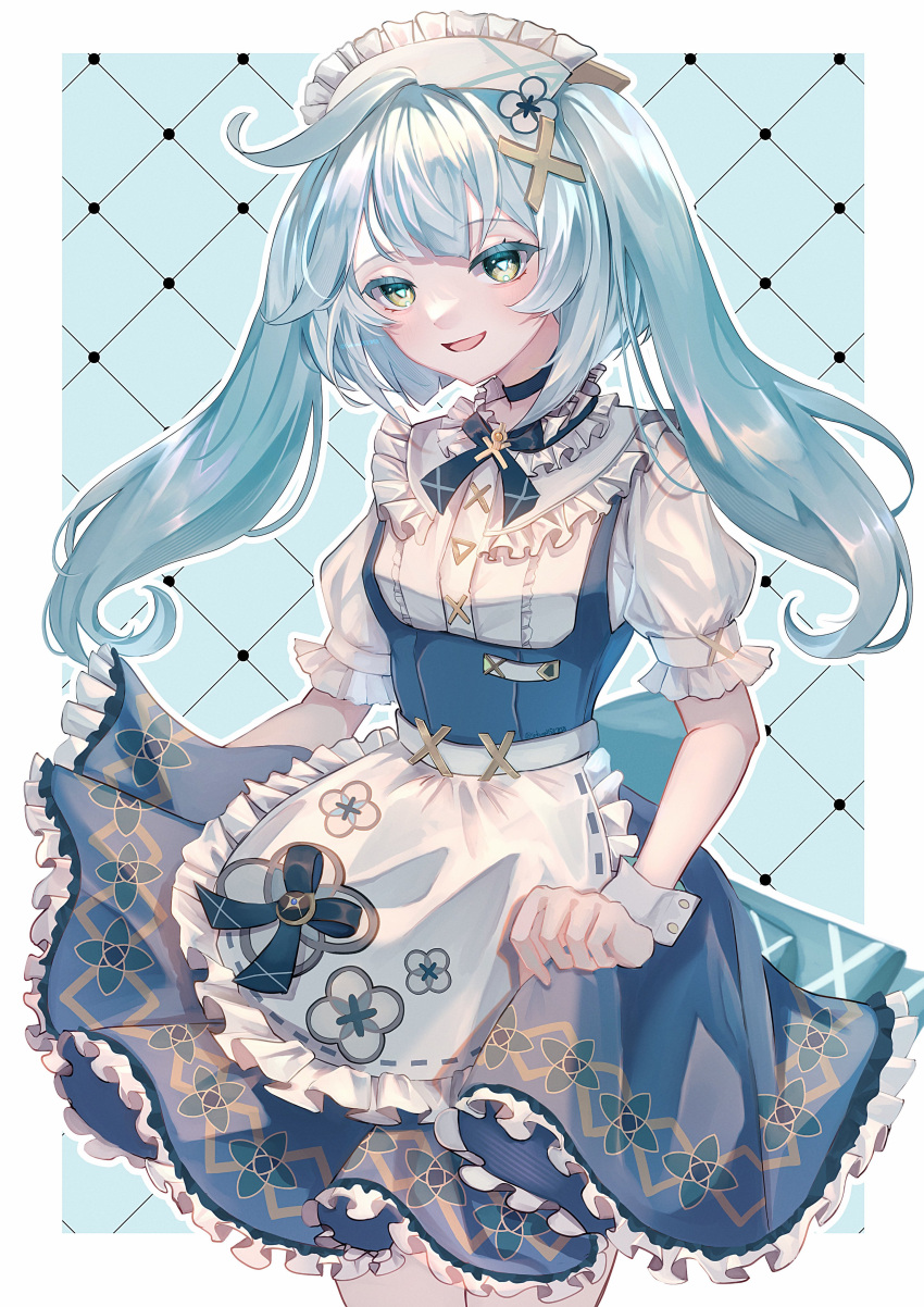 1girl, absurdres, alternate_costume, apron, aqua_background, aqua_hair, black_bow, black_bowtie
