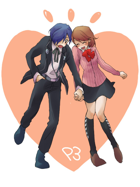 1girl, arisato_minato, blue_hair, blush, brown_hair, couple, heart, holding_hands