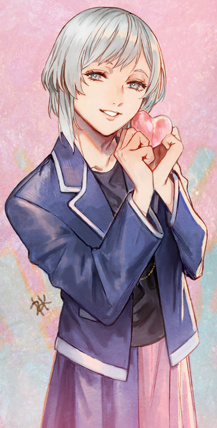 1boy, black_shirt, grey_eyes, grey_hair, heart, holding, holding_heart, jacket