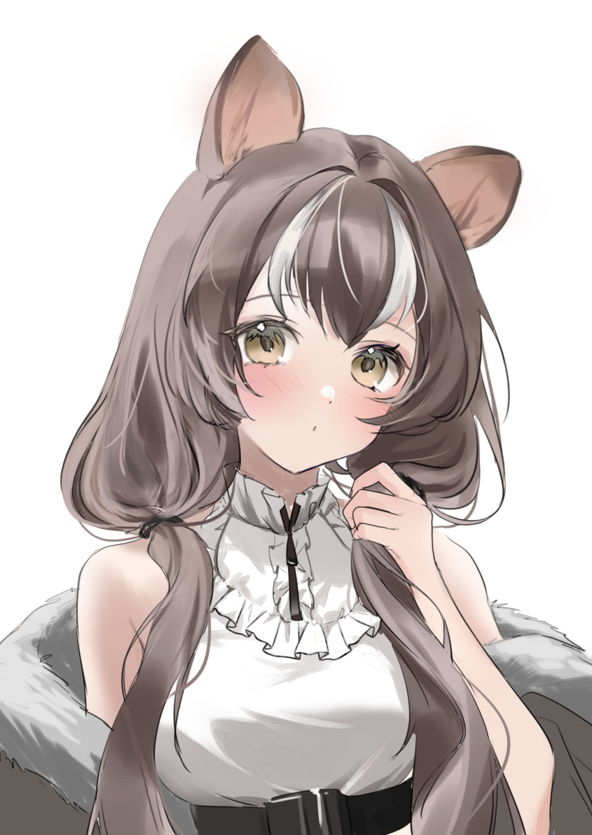 1girl, animal_ears, arknights, bare_shoulders, blush, breasts, brown_eyes, brown_hair