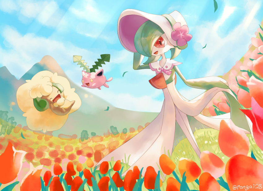 blue_sky, bob_cut, closed_eyes, colored_skin, dress, field, flower, flower_field