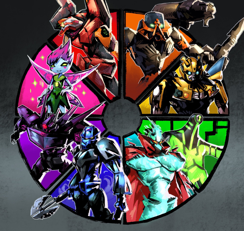 1girl, alien, autobot, ben_10, bionicle, blue_skin, bumblebee_(transformers), cape