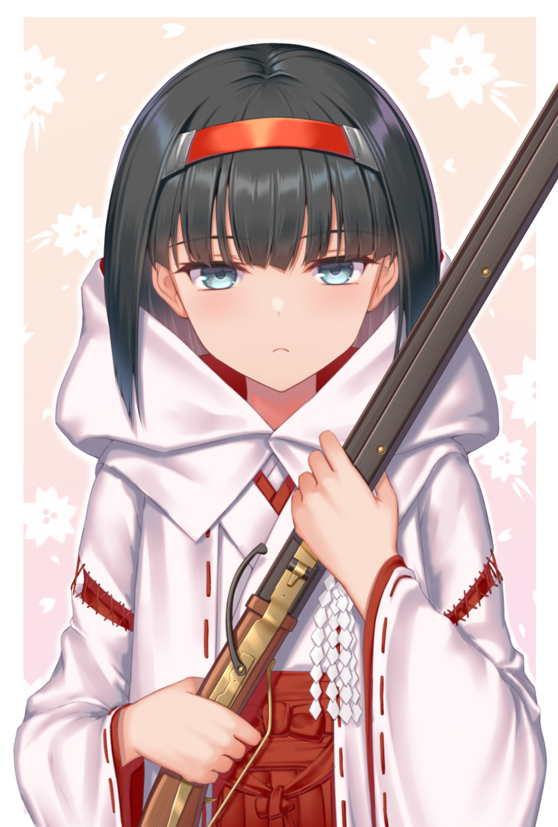 1girl, black_hair, blue_eyes, frown, gun, headband, highres, holding