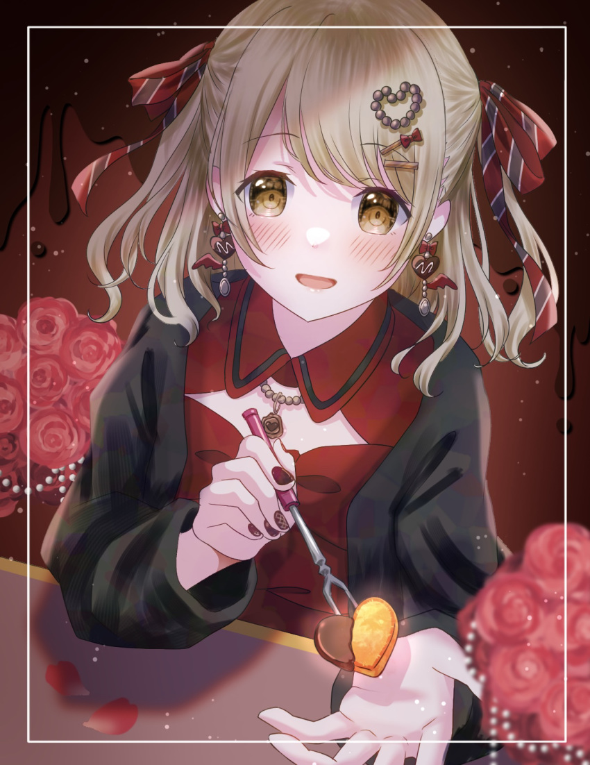 1girl, alternate_costume, azusawa_kohane, black_jacket, blonde_hair, blush, brown_eyes, brown_nails, chocolate, clothing_cutout, dot_nose, earrings, feeding, flower, fork, hair_ornament, hair_ribbon, hairclip, heart, heart_earrings, heart_hair_ornament, highres, holding, jacket, jewelry, long_hair, long_sleeves, looking_at_viewer, nail_art, open_mouth, project_sekai, red_flower, red_rose, ribbon, rose, shirt, short_twintails, sidelocks, smile, solo, striped_ribbon, swept_bangs, table, toujou_kanon, twintails, valentine