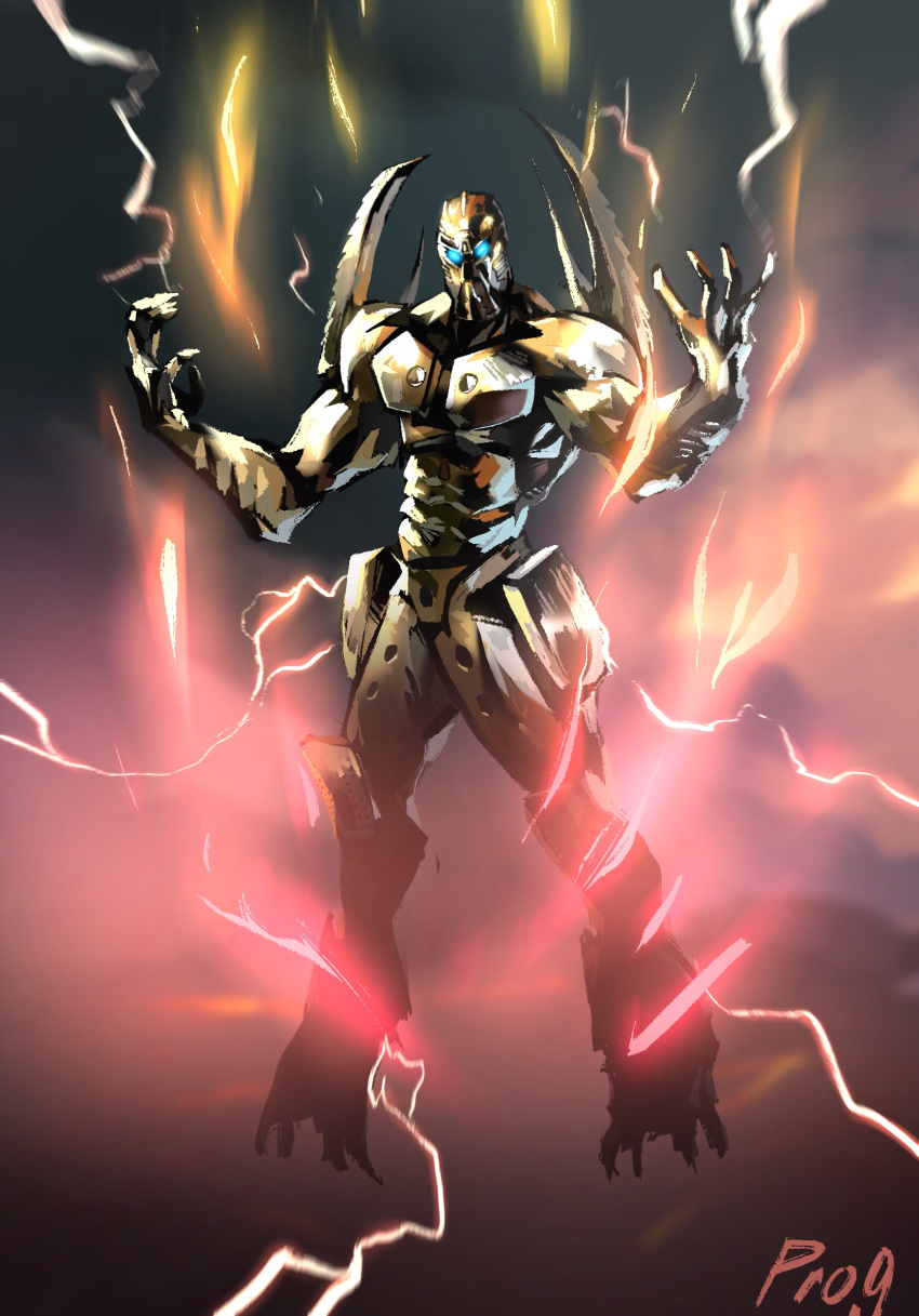 1boy, bionicle, blue_eyes, electricity, english_commentary, glowing, glowing_eyes, head_tilt, highres, kanohi_(bionicle), looking_at_viewer, mata_nui_(toa)_(bionicle), open_hands, powering_up, prog_ares, solo, the_lego_group