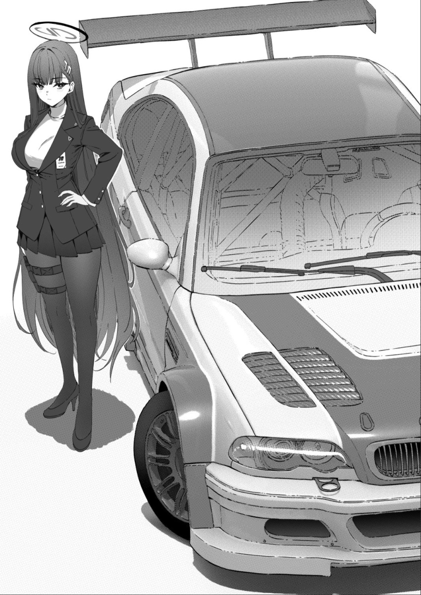 1girl, blue_archive, bmw, bmw_m3, breasts, buttons, car, closed_mouth