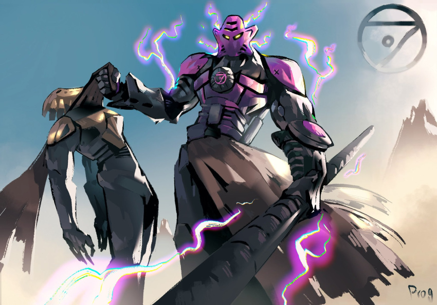 2boys, armor, artist_name, bionicle, brown_scarf, chromatic_aberration, electricity, highres