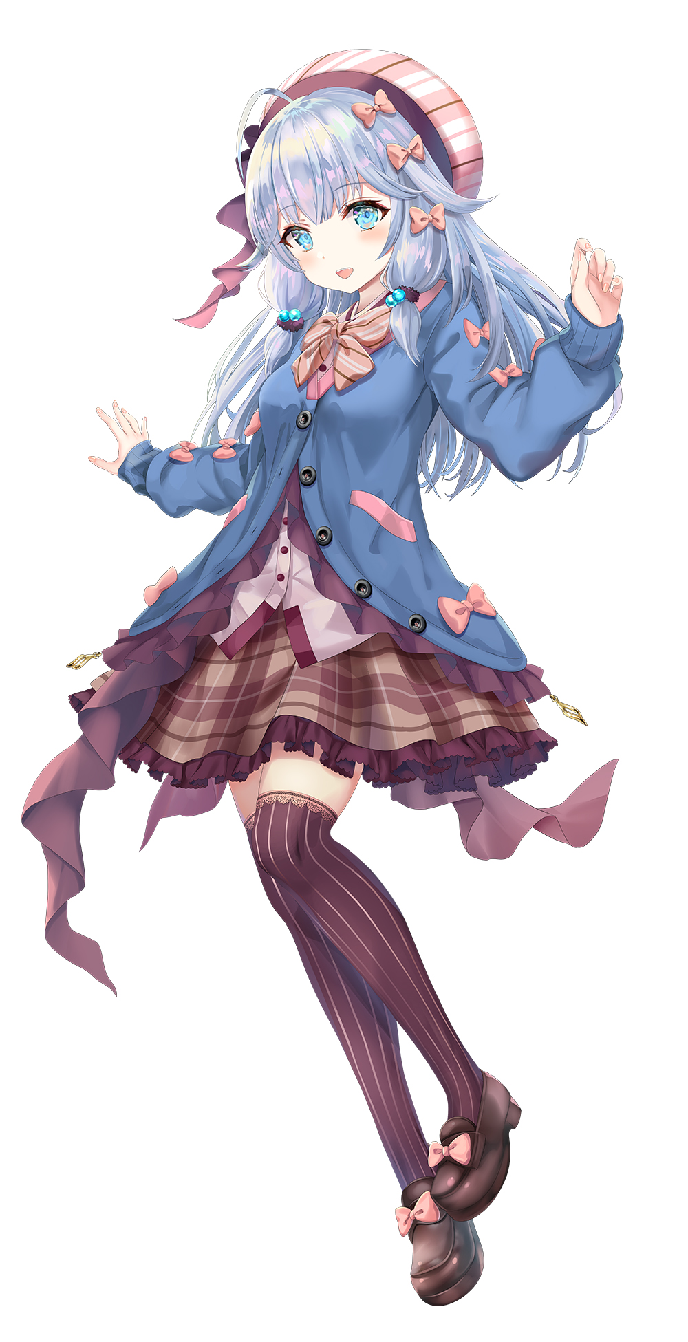 1girl, :d, ahoge, beret, blue_cardigan, blue_eyes, blue_hair, blush