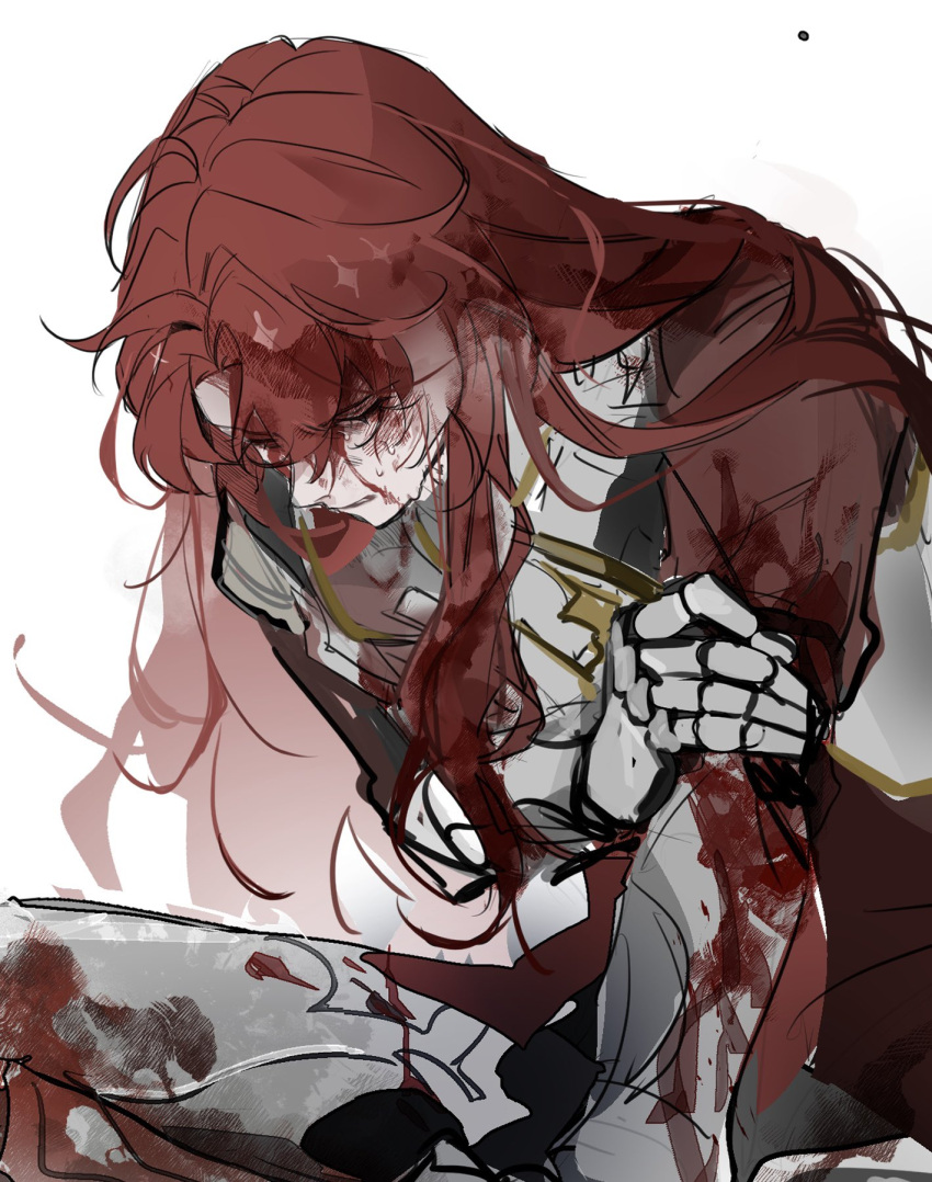 1boy, argenti_(honkai:_star_rail), armor, blood, blood_on_clothes, blood_on_face, hair_between_eyes, highres