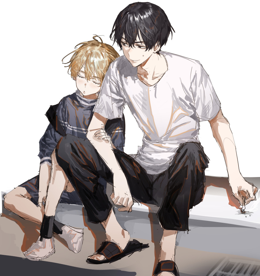 2boys, absurdres, black_hair, black_pants, black_socks, blonde_hair, brothers, chamuring