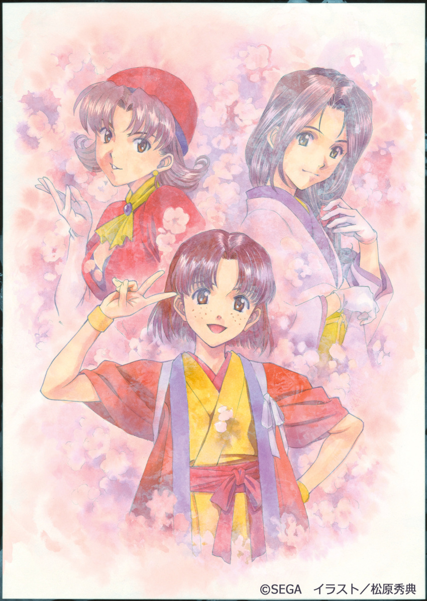 1990s_(style), 3girls, :d, absurdres, artist_name, bow, brown_eyes, brown_hair