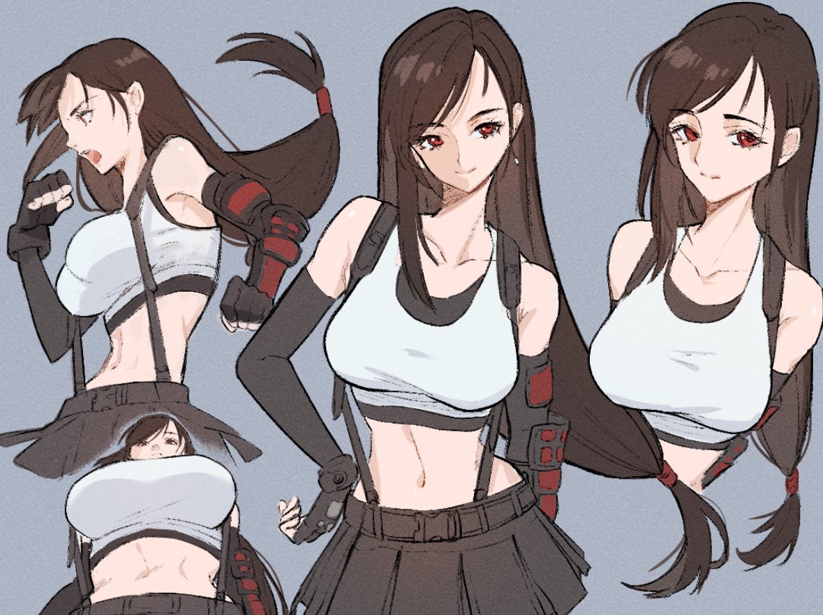1girl, bare_shoulders, black_hair, black_skirt, breasts, crop_top, elbow_gloves, final_fantasy