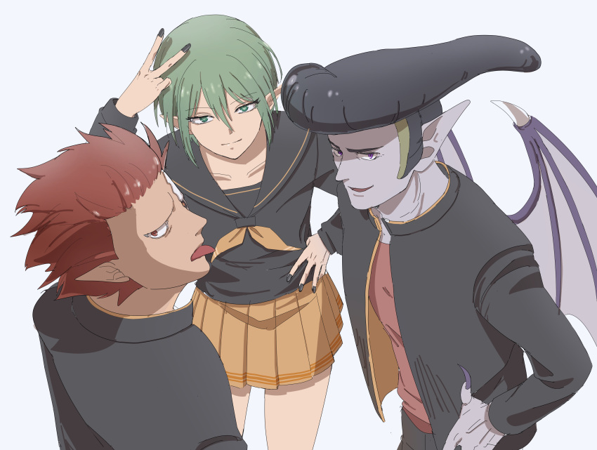 1girl, 2boys, absurdres, black_nails, closed_mouth, cyborg, cynne, fingernails