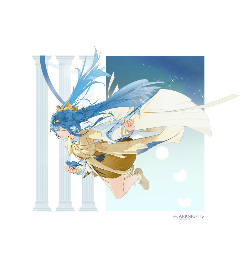 1girl, absurdres, arknights, arm_up, astgenne_(arknights), astgenne_(her_aspiration)_(arknights), bare_legs, blue_hair